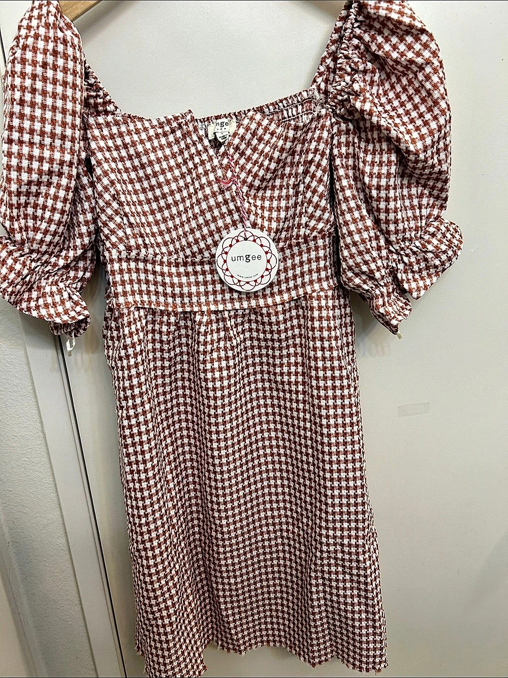 Ming Lee Houndstooth Puff Sleeve Mini Dress in Brown & White Size Large